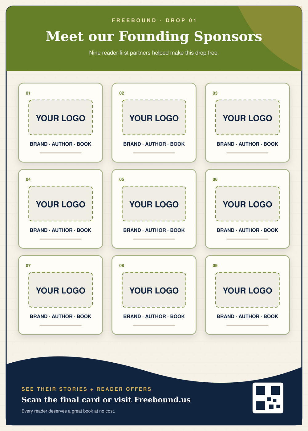 Back of the Freebound Drop 01 sponsor card showing nine blank Founding Sponsor spots
