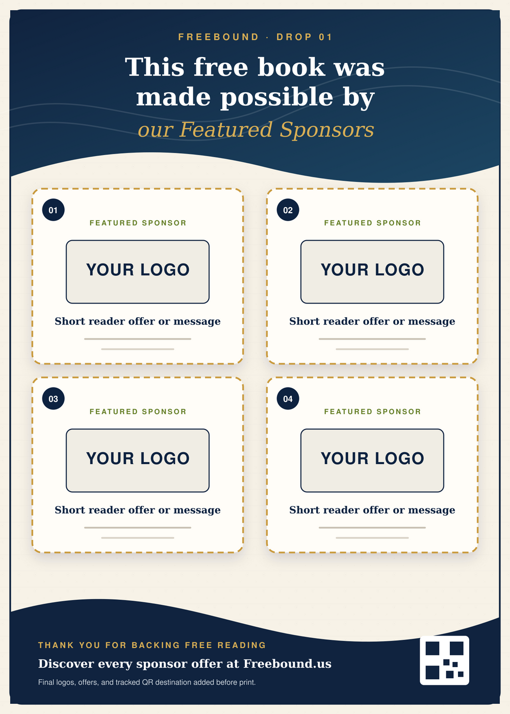 Front of the Freebound Drop 01 sponsor card showing four blank Featured Sponsor spots
